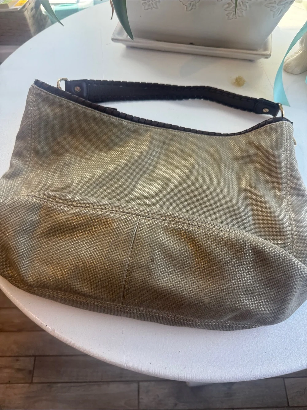 Michael Kors Metallic Gold Shoulder Hobo Bag with Brown Tassel Accent